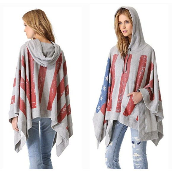 HAUTE HIPPIE cool collectible travel usa flag free people hooded poncho cape o/s - Picture 7 of 12